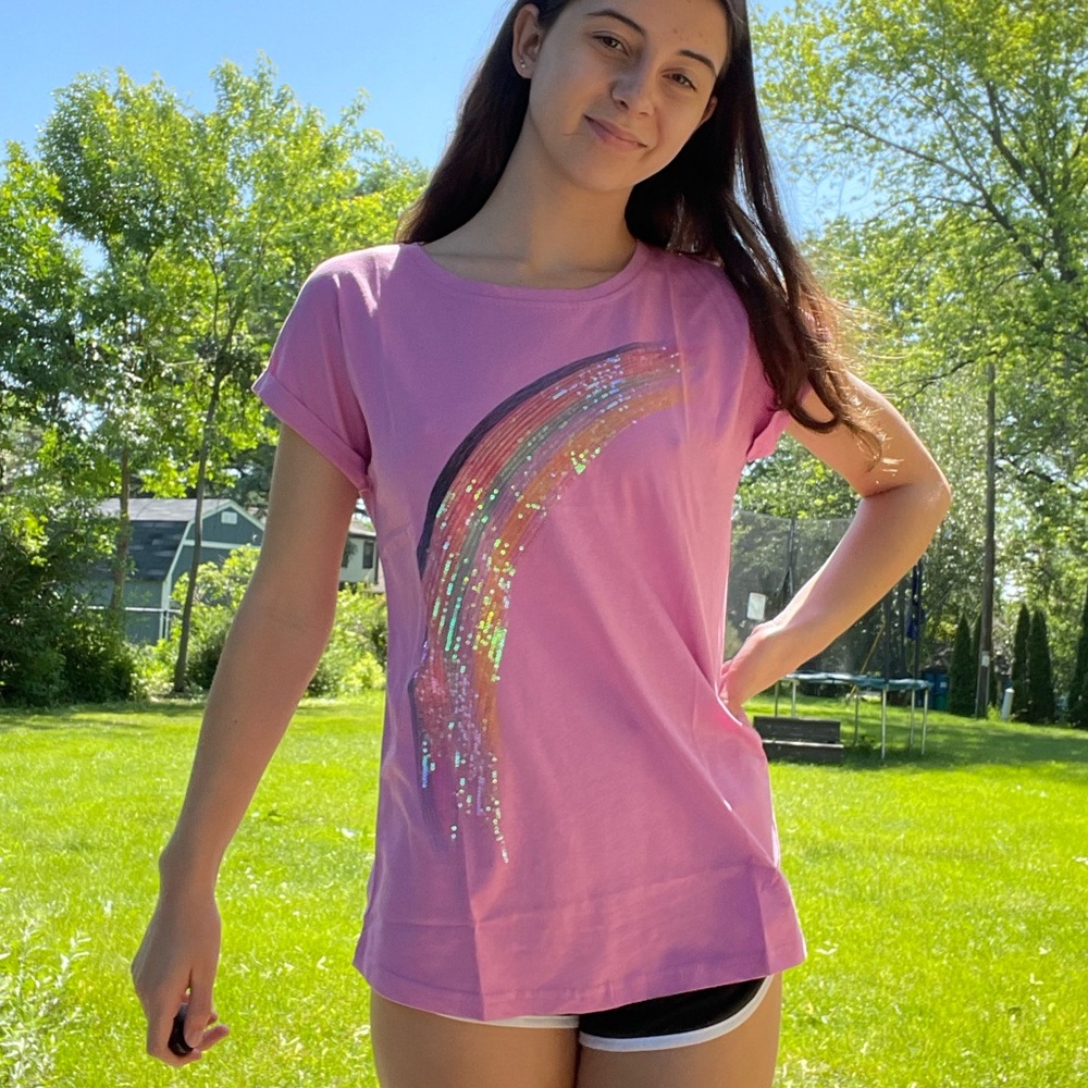 Pink shirt with rainbow